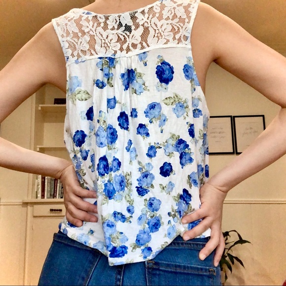 Summer Blue & White Floral Lace Front Tie Tank Top - Picture 2 of 2